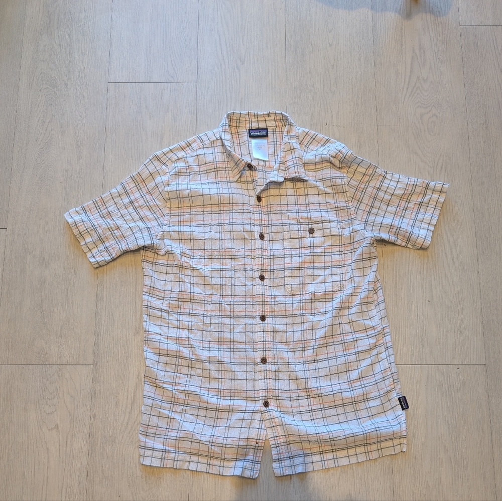 Patagonia Men's Casual Button Down Shirt - White and Brown Plaid